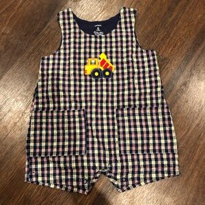 Carter's baby boy plaid smocked romper and a truck embroidery.